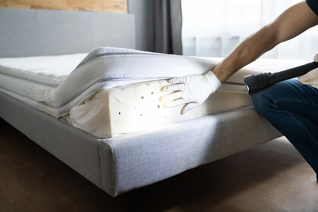 Technician inspecting a mattress for bed bugs