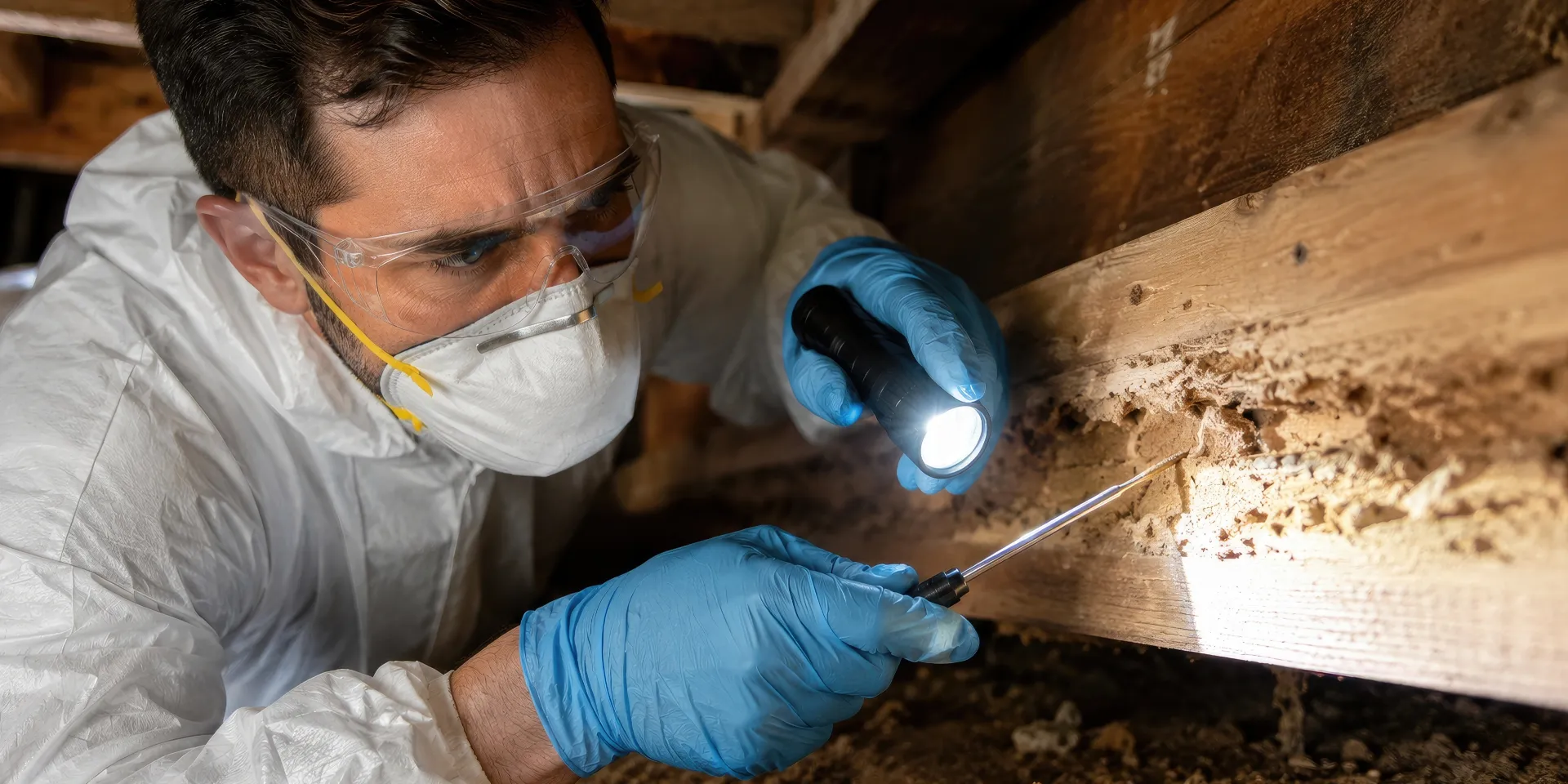 Technician inspecting a wooden beam for termite damage